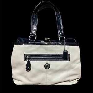 Coach Beige & Navy Leather Tote Handbag With Kiss Lock Closure & Front Zipper Po